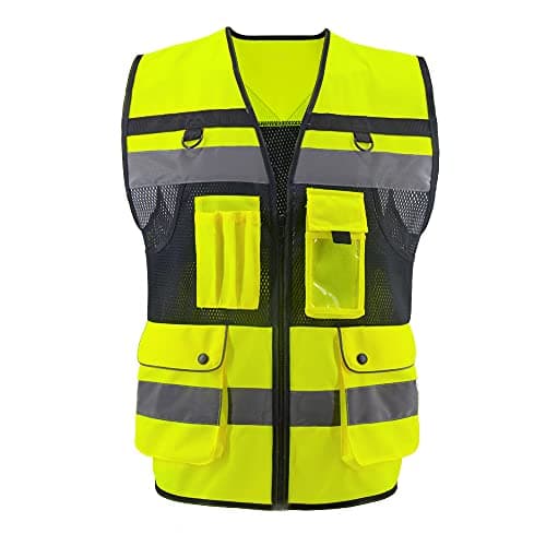 OPLERAI Safety Vest Reflective Construction Vests with 7 Pockets and Zip High Visibility Vest for Men Hi Vis Mesh Work Vests Meet ANSI/ISEA 107-2020 Class 2(Yellow M)