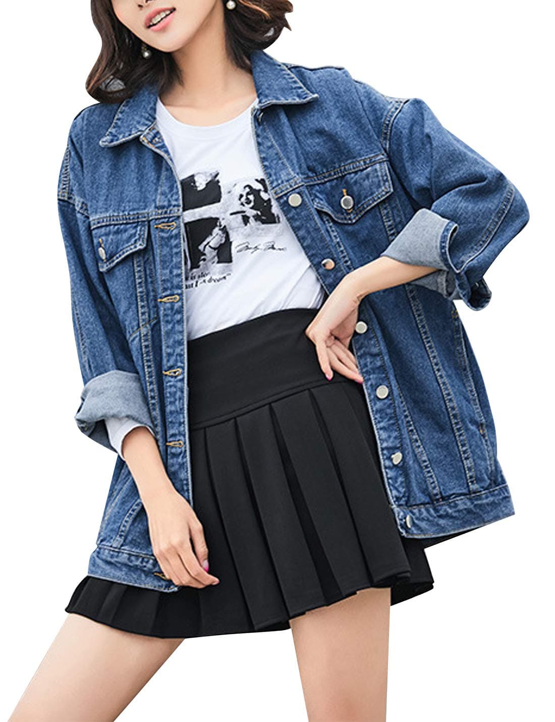 Omoone Women's Oversized Mid Long Loose Denim Jacket Jean Biker Coat(0199-Dark Blue-XL)