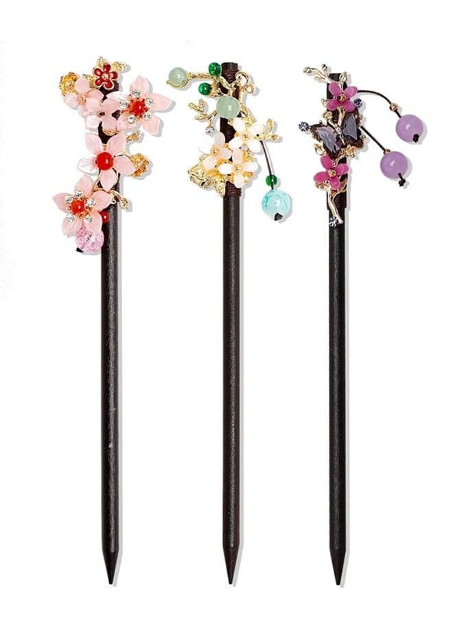 3 PACK Chinese Traditional Flower Hair Sticks Vintage Wooden Hair Pin Japanese Style Handmade Headpiece for Women Girls