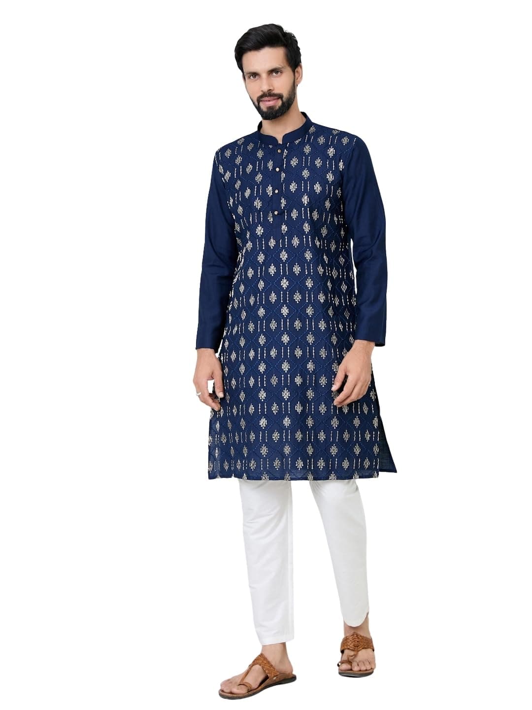 See Designs Men's Full Sleeve Mandarin Collar Blue Ethnic Motifs Embroidered Sequinned Mandarin Collar Straight Long Kurta - Festive Collection | - SDKT2904XS