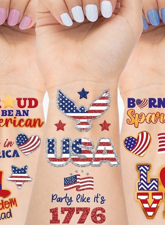 Fourth of July Party Supplies Temporary Tattoos 80pcs Patriotic Glitter and Mettalic Styles USA Independence Day Red Blue America, July 4th Party Favors, USA Flag Decor for Kids Adults