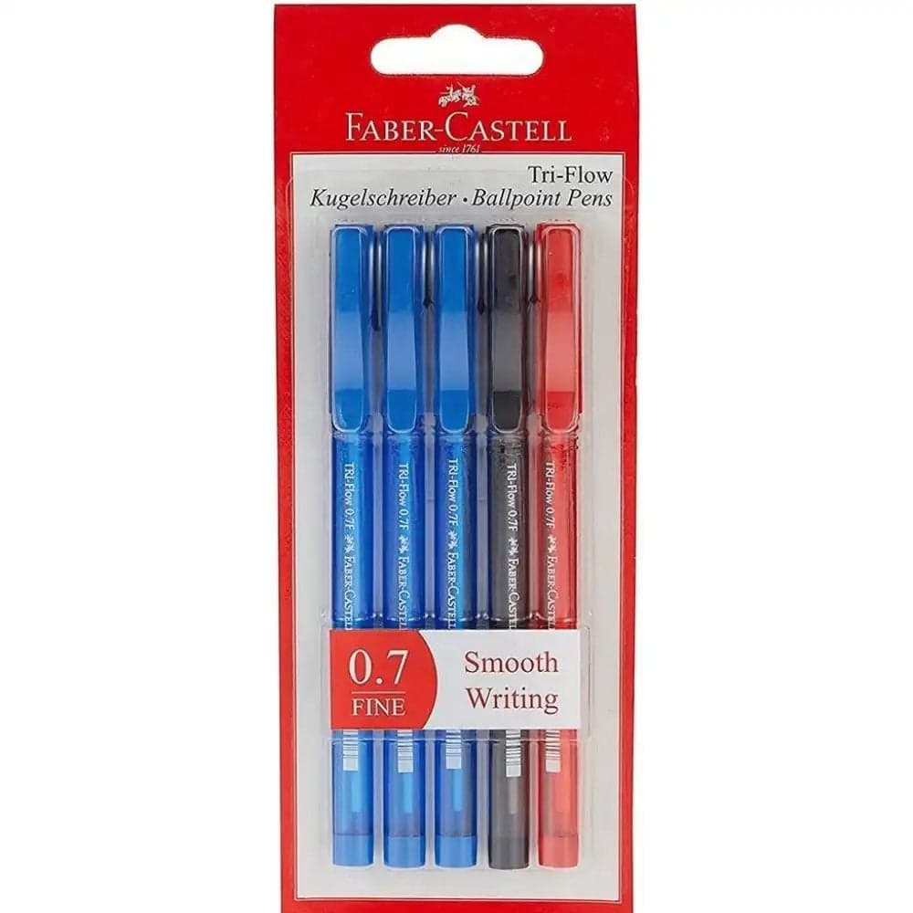 Faber Castell Tri Flow Ballpoints Pen Smooth Writing 0.7 Fine Nib Blue, Black And Red Ink- 5pcs