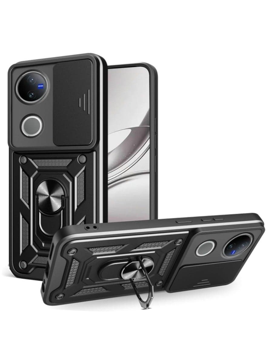 for vivo V50 AI 5G Case Cover, Slide Camera Lens Cover, Magnetic Ring Holder Kickstand Protective Phone Case for vivo V50 AI 5G, Black