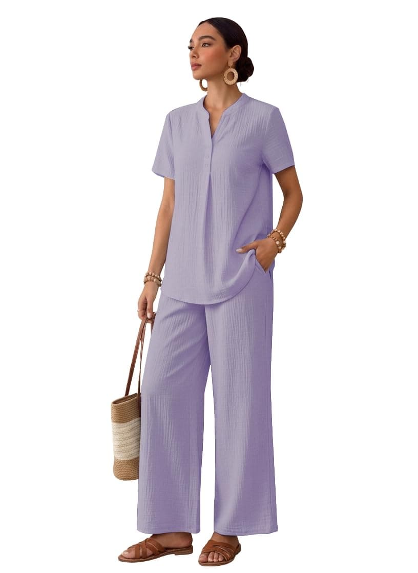 TOPLOT Women's Co-ord Set | Stylish Matching Top & Bottom Set | Notch Neckline with Button Detail | Loose-Fit, Short-Sleeve Top with a Relaxed Silhouette |Ideal for Casual (Pop-Coord-5250-Purple-S)
