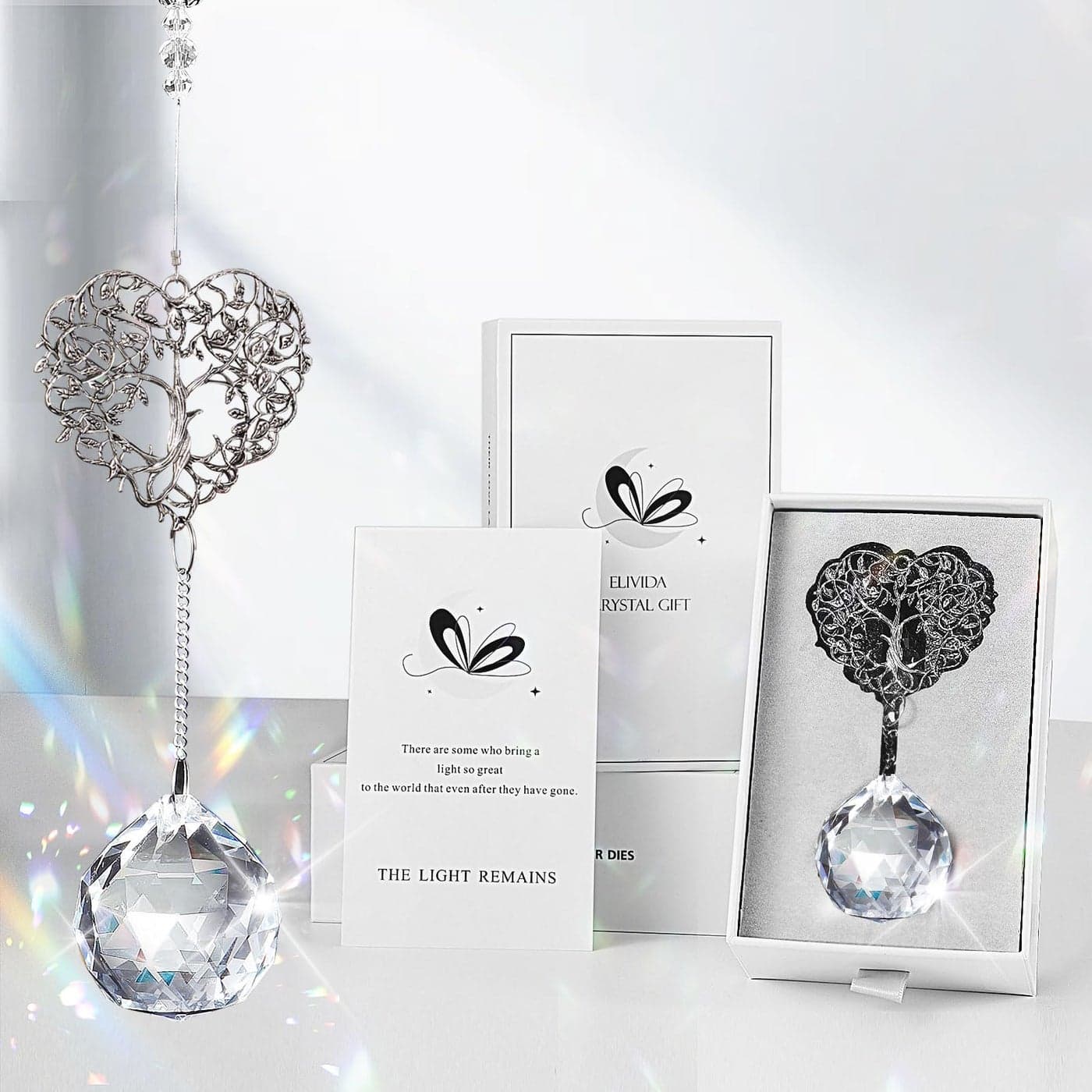 Elivida Modern Sympathy Gift for Loss of Mom Tree Life Heart Design Memorial Hanging Ornament with 40mm Clear Crystal Ball Rainbow Maker Bereavement Gift Idea for Women