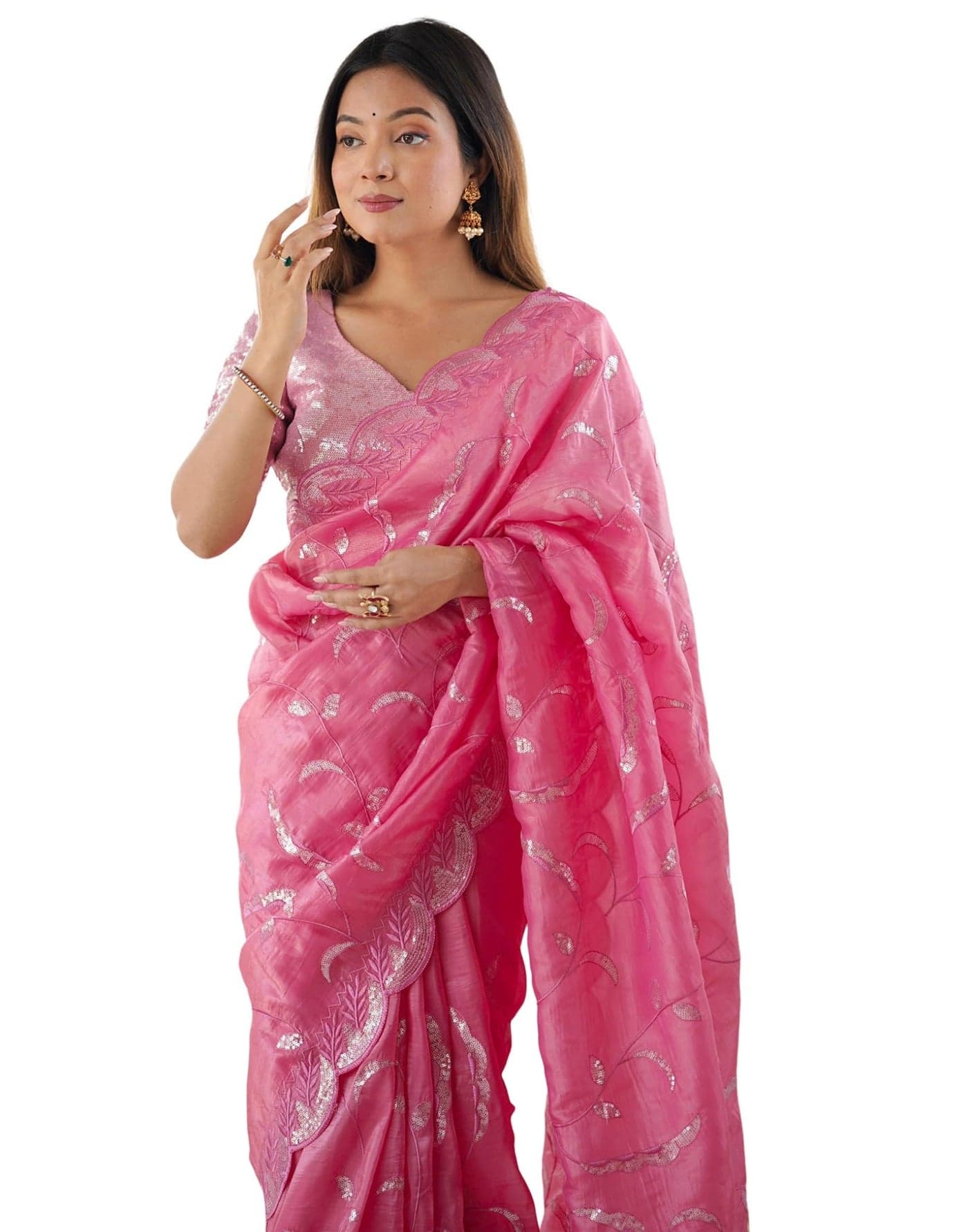 SIRIL Women's Tissue Silk Sequence Embroidery Saree with Unstitched blouse Piece (4471S107_Pink)