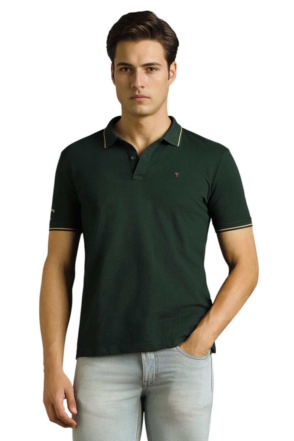Louis Philippe Men Green Solid Polo Neck T-Shirt