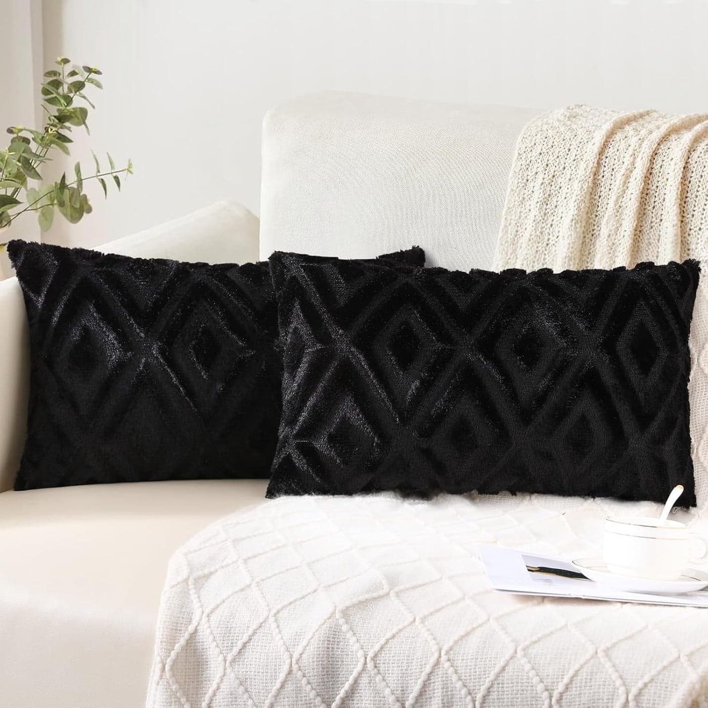 Pallene Spring Black Throw Pillow Covers 12x20 Set of 2 Soft Plush Faux Fur Decorative Lumbar Couch Pillow Covers for Sofa Bed Living Room Pillow Cases with 3D Diamond Pattern
