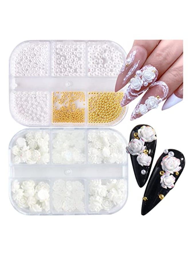 UARUOGP 90 Pcs 5D Mixed White Flower Camellia Nail Art Set and 900 Pcs 3D Nail Art Supplies Round Pearls Caviar Beads Nails Charms Tips Glitter Accessories for Women Acrylic Decorations
