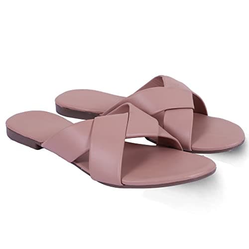DFR Casual Stylish Latest Fashion Cross Strap Flat Slippers For Women Girls (Color – Pink, UK India Size – 5)