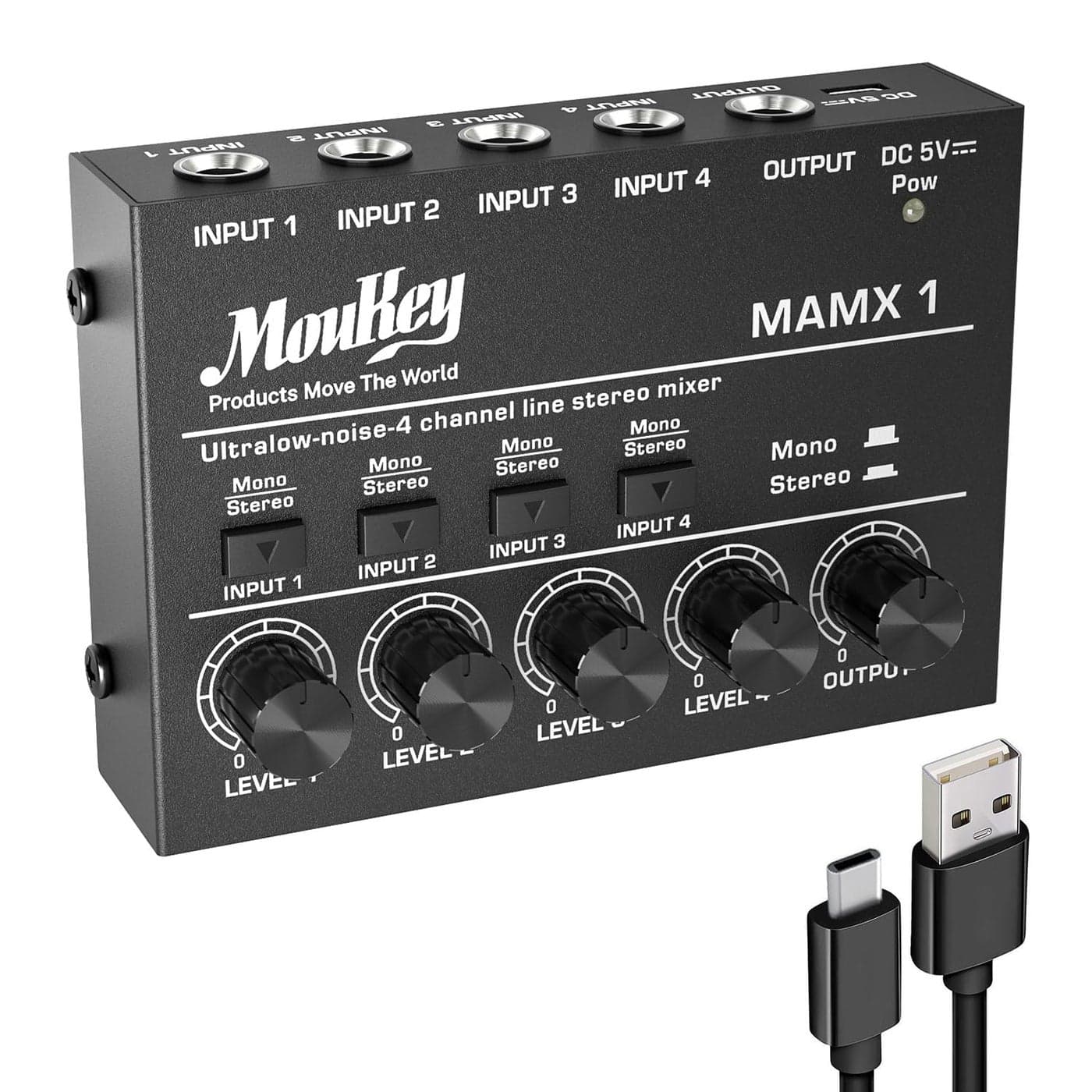 Moukey Mini Audio Mixer, DC 5V, 4 Stereo Ultra, Low Noise 4 Channel Line Mixer for Sub-Mixing, for Small Clubs or Bars, As Guitars, Bass, Keyboards Mixer, MAMX1
