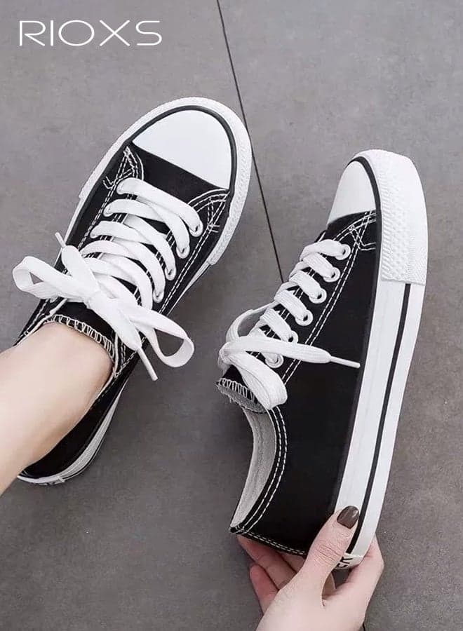 Unisex Classic Low-Top Canvas Sneakers, Breathable Casual Shoes for Men and Women, Lightweight Non-Slip Rubber-Soled Sneakers for Daily Walking, Retro-Style Lace-Up Flat Outdoor Sneakers, Perfect for Driving, Traveling, Shopping, Street Style, and Everyday Wear,Black&White