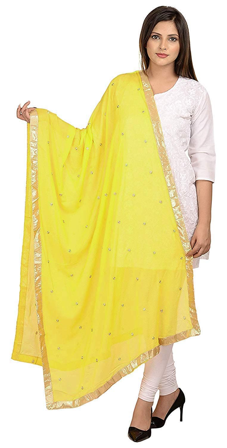 themilestocks Woman's Embroidered Chiffon Dupatta Scarf Shawl Wrap Soft Indian Bridal Wedding (Bright Yellow)