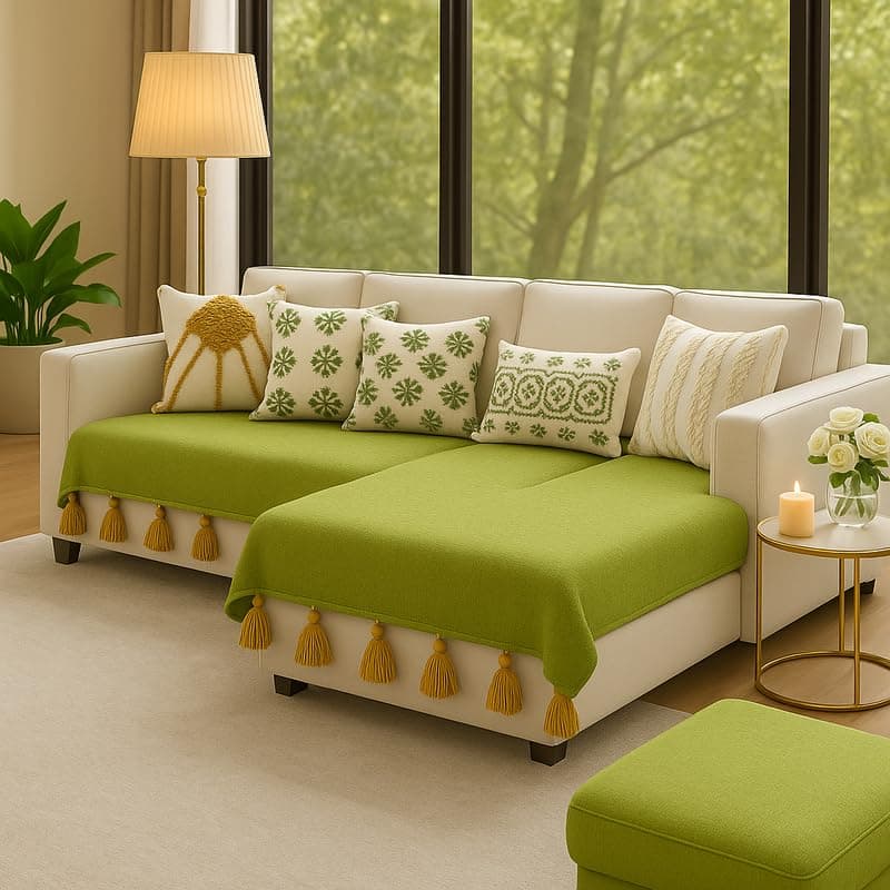 Green Tassel Sofa Throw for L Shaped Sofa:l Shape 7 Seater Fully Covered-Anti Slip l Sofa Throw-L Shape Sectional 3 Seater+Lounger+Ottoman|7 Seater Sofa Cover Set of 3 Pc-2 Seat & Back Cover