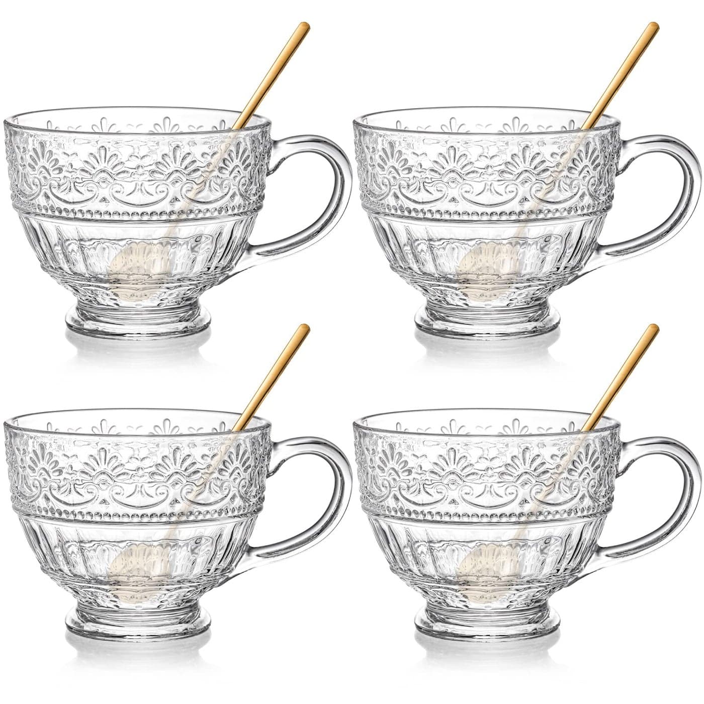 AVLA 4 Pack Glass Coffee Mugs 16 OZ Clear Tea Cups with Handle and Spoons Crystal Drinking Glassware for Latte Cappuccino Americano Juice Hot Beverage Water Dishwasher Microwave Safe
