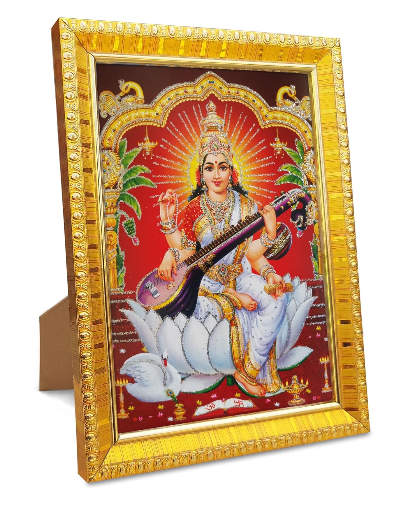 Koshtak Saraswati Mata On Lotus With Sitar & Hans Photo Frame With Tabletop Stand & Unbreakable Glass For Temple Worship/Gift/Home Decor (20CM x 15 CM)