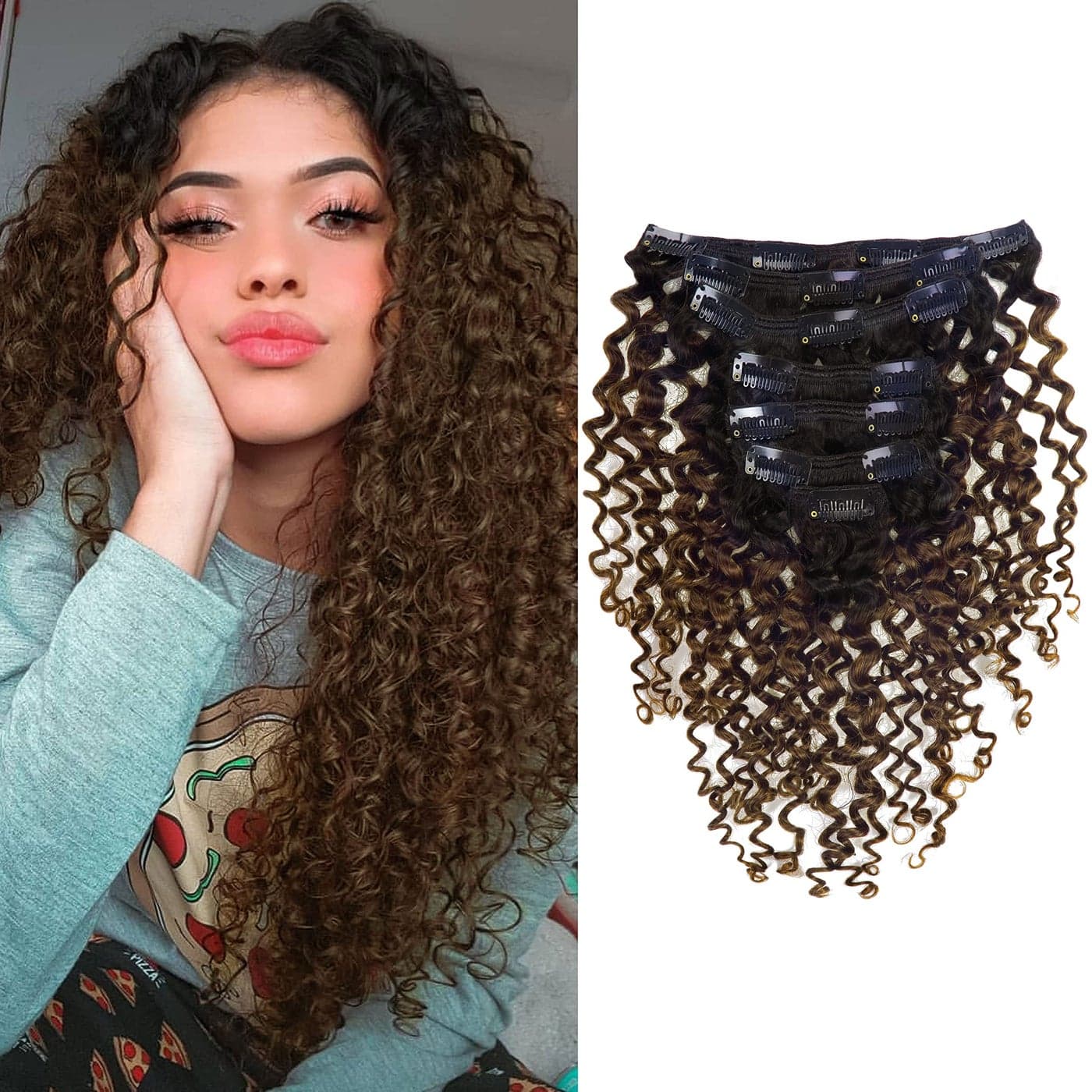 Anrosa Jerry Curly 20inch Human Hair Clip In Extensions For Black Women Ombre Natural Black 1B Fading To Dark Brown 4 Color Clip In Natural Hair Extensions Remy Human Hair 120gram