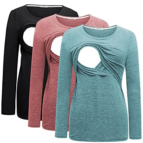 Bearsland Women's 3 Packs Maternity Clothes Long Sleeves Breastfeeding Shirts Nursing Top,Black+Brick red+Sky Blue,L