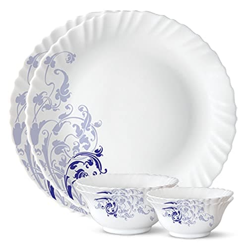 Larah by Borosil Blue Eve Silk Series Opalware Dinner Set | 6 Pieces for Family of 2 | Microwave & Dishwasher Safe | Bone-Ash Free | Crockery Set for Dining & Gifting | Plates & Bowls | White