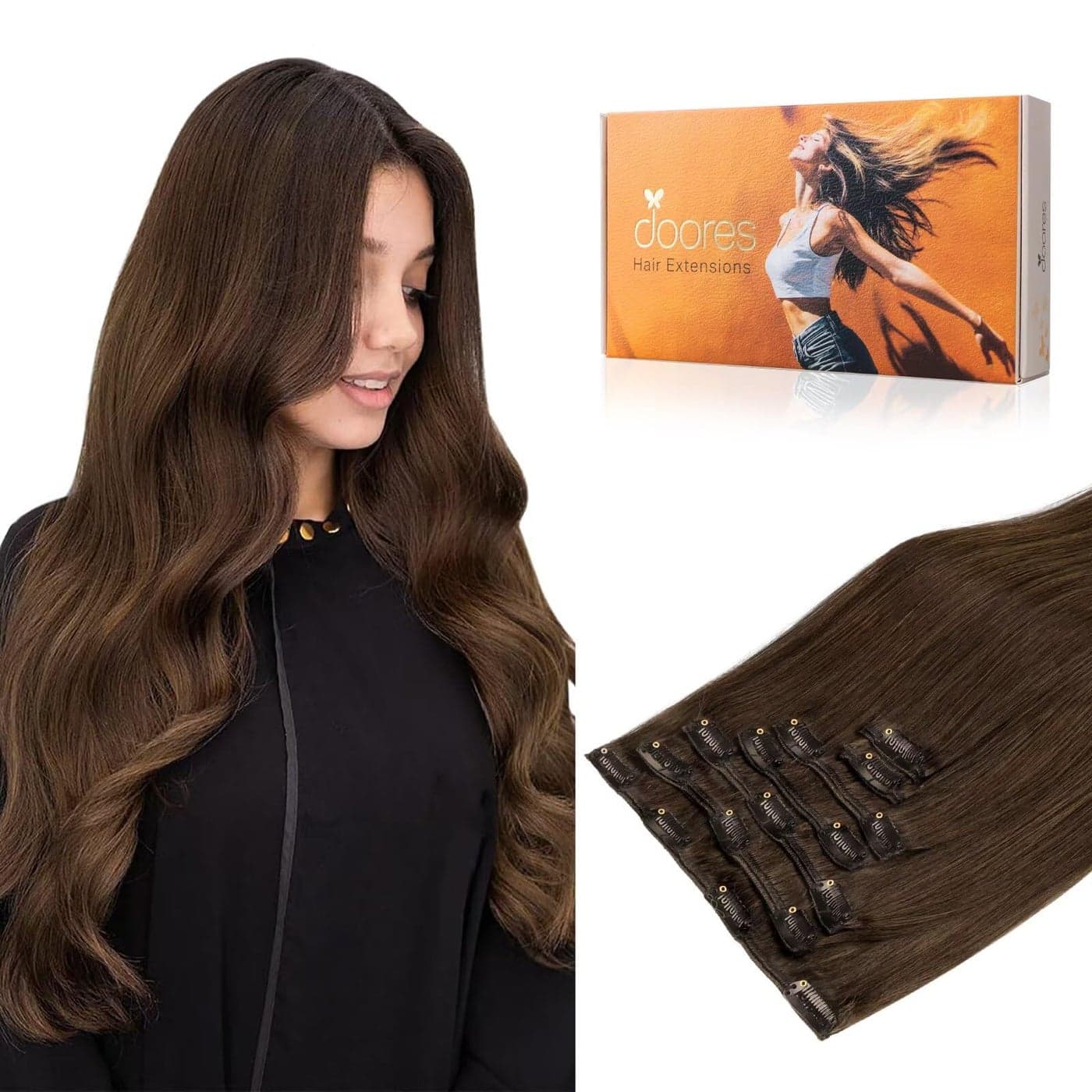 DOORES Human Hair Extensions Clip in Chocolate Brown 120g 7pcs 20 Inch Clip in Hair Extensions Remy Hair Extensions Straight Thick