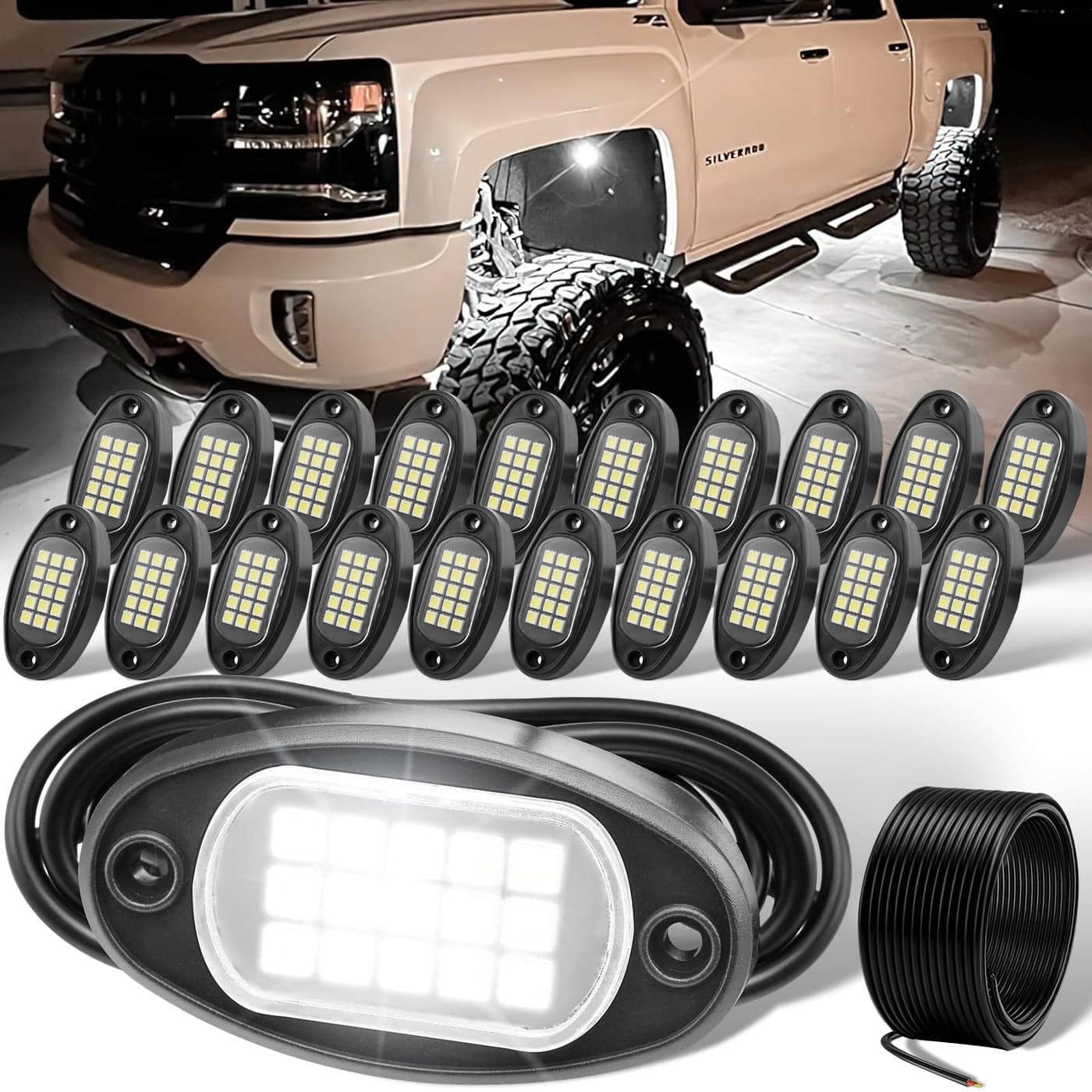 YONEDA 20 Pods White Rock Lights 6000K Ultra Bright LED Neon Underglow Lights IP68 Waterproof for Trucks SUV UTV ATV RZR Car Boats Pickup Motorcycle with 3937in Extension Wire