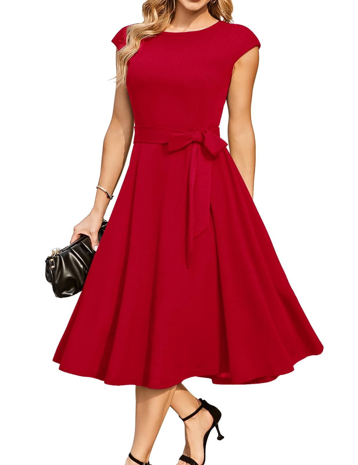 DRESSTELLS Cocktail Dress, Modest Formal Wedding Guest Dresses for Women, Vintage Tea Party Church Dress 2024, Petite Summer Fit Flare Homecoming Dress Red S