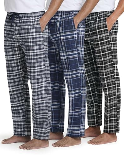 Real Essentials 3 Pack: Men's Flannel & Cotton Pajama Pants - Lounge Sleep PJ Plaid Bottoms w/Pockets,Set 6-XL