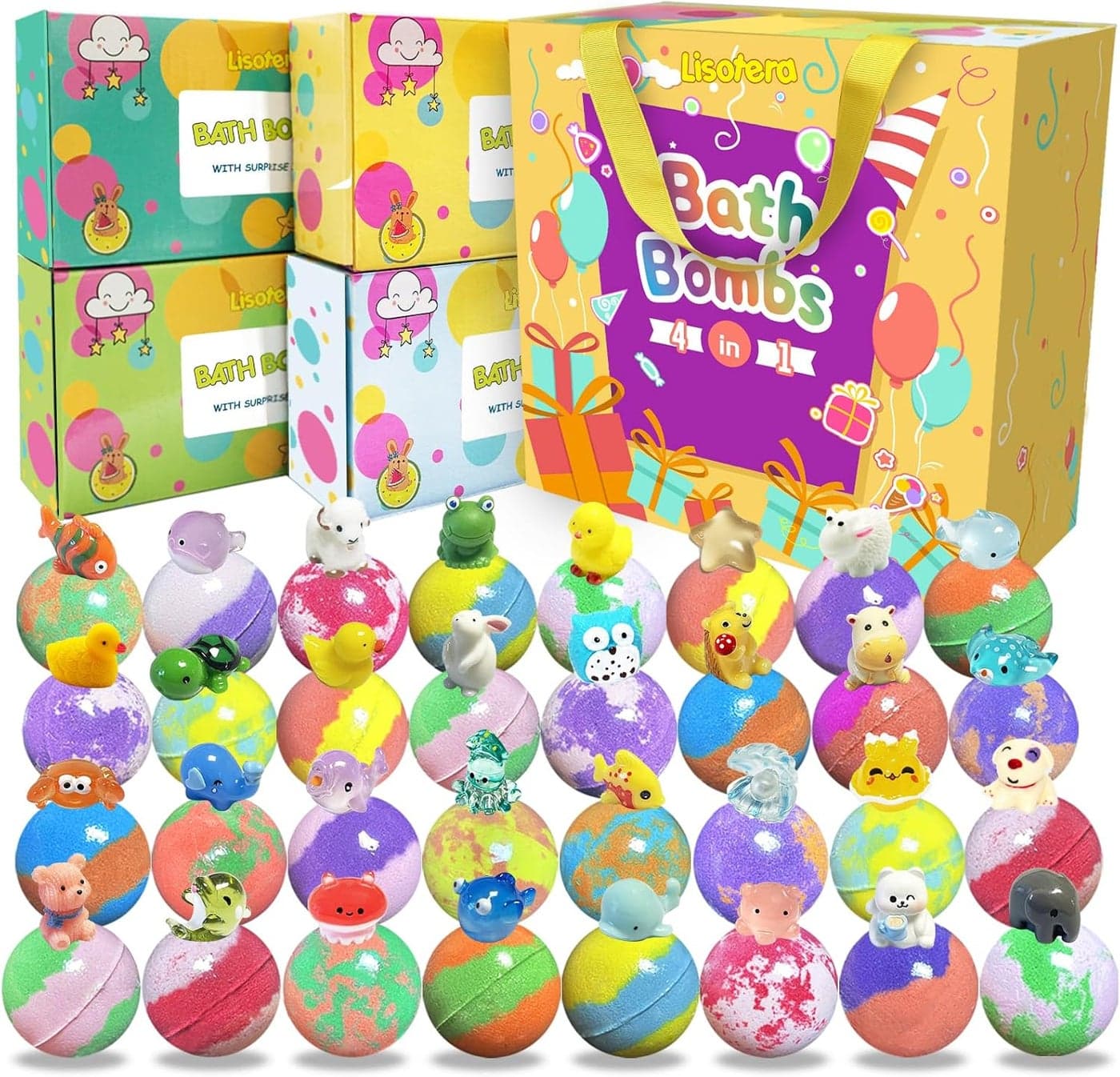 Bath Bombs for Kids with Surprise Inside 32 Pack Bath Bombs with Land Sea Animal Toys Handmade Fizzy Colorful Bubble Children Bath Ball Gift Set for Kids Birthday Easter Day Christmas
