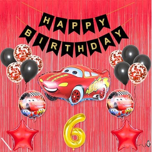 6th Car Theme Happy Birthday Banner Decoration Black for 6 year Old Baby Boys Girls Kids 5 Pc Lightning Macqueen Theme 10 Pc Confetti Balloons Foil Curtain Kit Combo Set Items 2 Pc Red Star