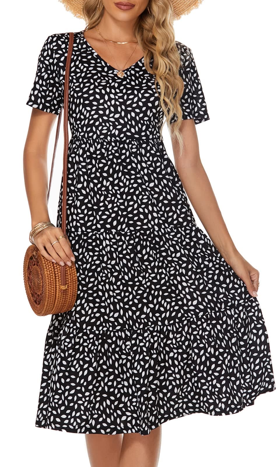 Berydress Women's Elegant Summer Midi Dress Short Sleeve V-Neck Tiered Babydoll Dress Casual Party Beach Boho Dresses 2025 (S,6175-Black Floral)