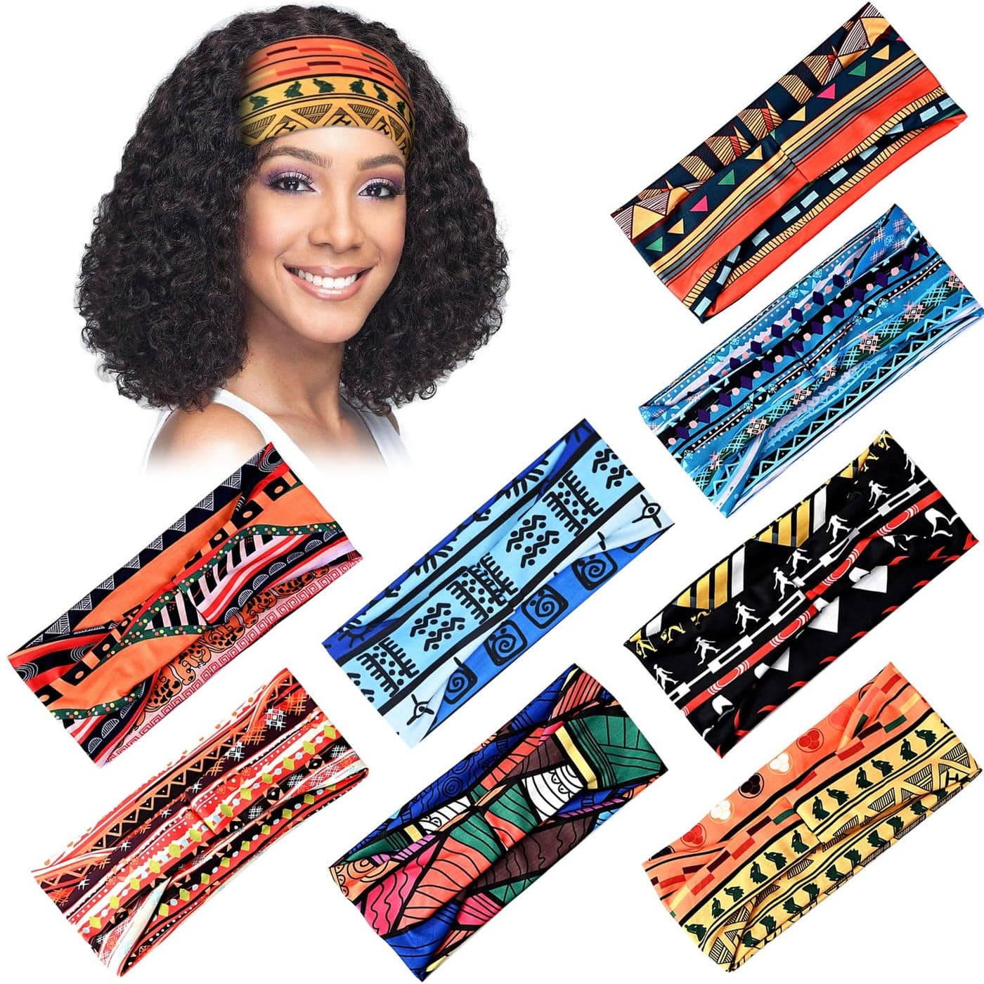 African Headbands Wide Head Wraps For Women Boho Turban Head Bands For Lady Large Sport Workout Stretchy Non-Slip Hair Bands,Pack Of 8