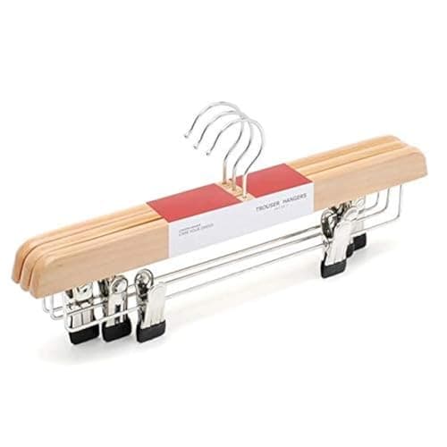 Ganpati Hangers Eco Friendly Italian Design Deluxe Rounded Wooden Pant Hanger w/Adjustable Cushion Clips, Pack of 3 Flat Wood Bottom Hangers w/Natural Finish and Chrome Swivel Hook for Jeans or Skirt