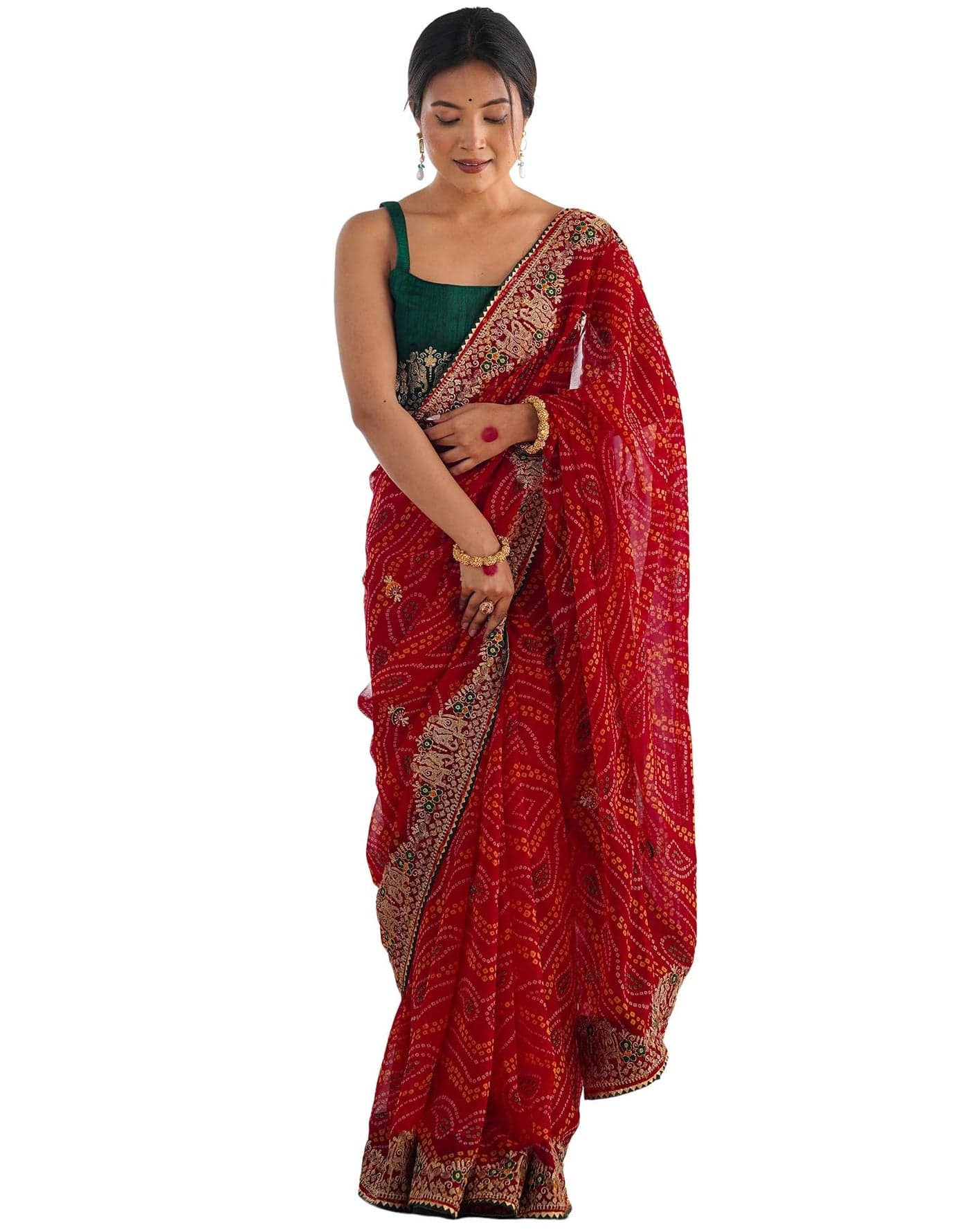 SIRIL Women's Georgette Bandhani Printed Embroidery Saree With Unstitched Blouse Piece (4132S134_Red)