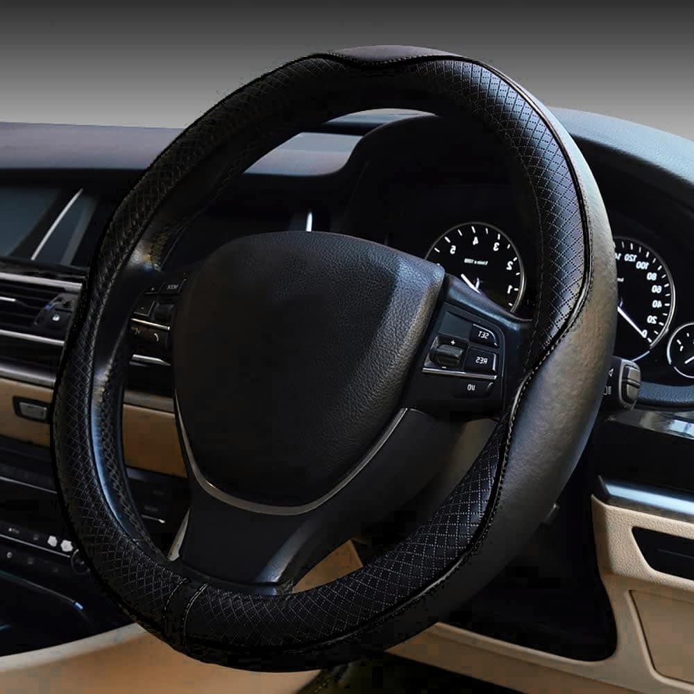 ESEWALAS Universal Car Steering Wheel CoverAntiSlip Leather Steering Wheel CoverSports Style Steering Wheel ProtectorCar Interior Accessories Auto Steering Wheel Covers Black