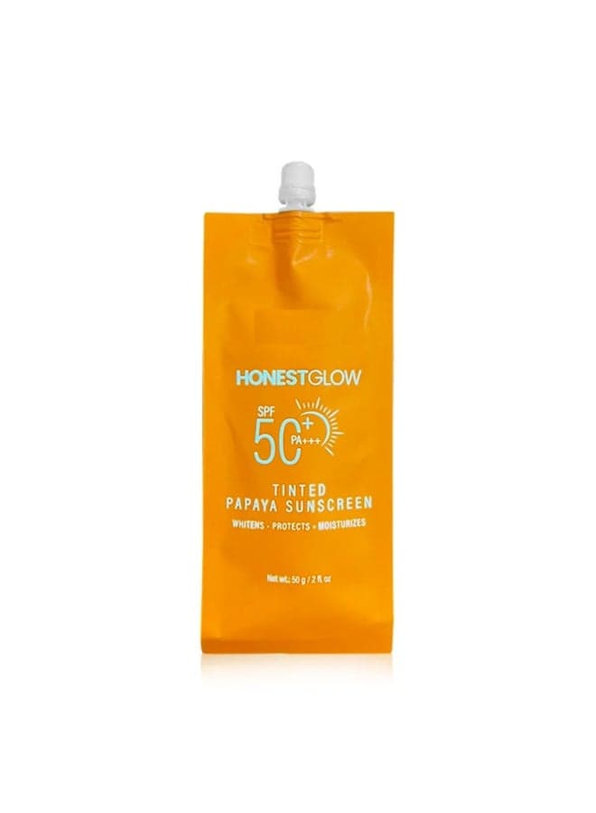 Papaya Infused HonestGlow SPF 50+ Sunscreen – Hydrating Tinted Protection for Everyday Confidence Combining effective UV defense with a flattering tint, this sunscreen supports a smooth and radiant complexion. Lightweight and comfortable, it is perfect for daily wear under makeup or on its own.