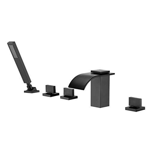Waterfall Roman Tub Faucet Matte Black Deck Mount Bath Tub Filler with Hand Shower,High Flow,SUMERAIN
