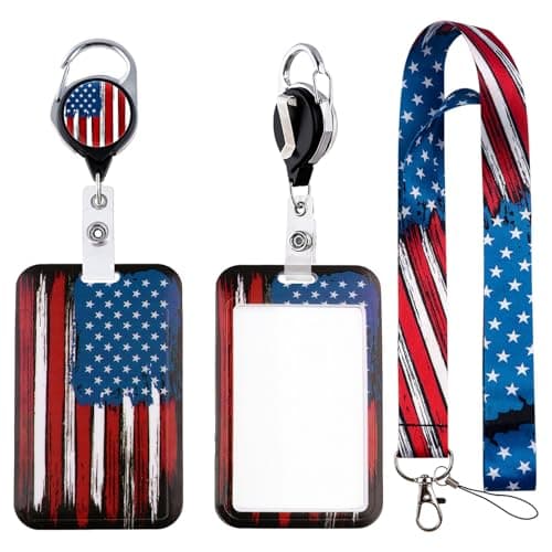 BKBKAAK American Flag Badge Holder with Lanyards, Plastic Vertical Name Tag Holder with Neck Lanyard and Heavy Duty Retractable Reel Clip, Star Lanyard with Keychain for Student, Teacher, Men