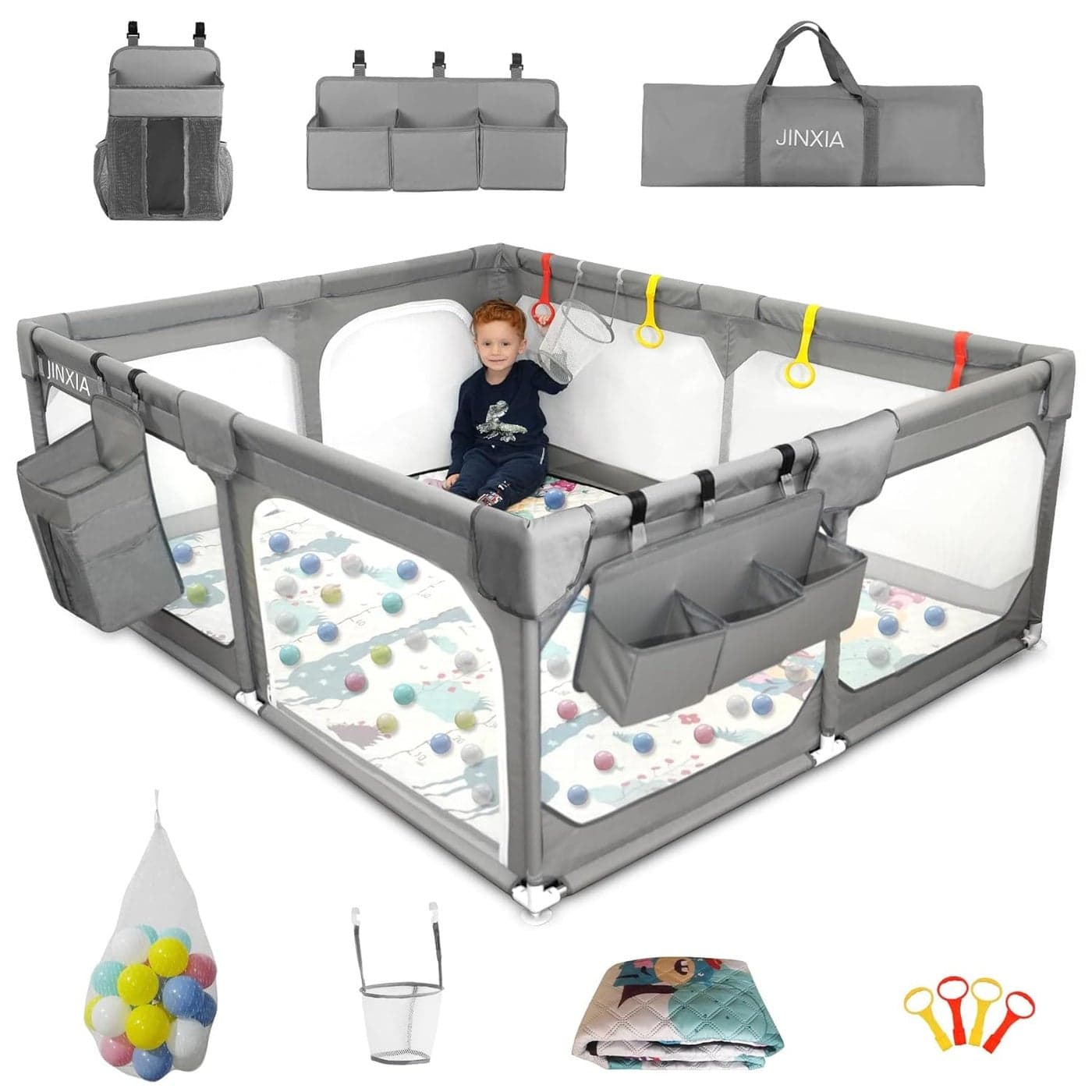 Baby Playpen with Mat 5050 Extra Large Playpen for Babies and Toddlers with Storage Bag BPAFree NonToxic Safe No Gaps Playards for Babies Sturdy Safety Play Yard for Indoor Outdoor Fun Grey
