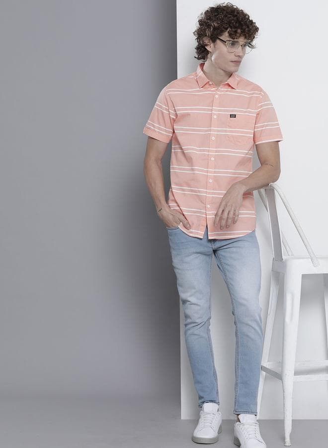 The Indian Garage Co Slim Fit Pink Striped Shirt
