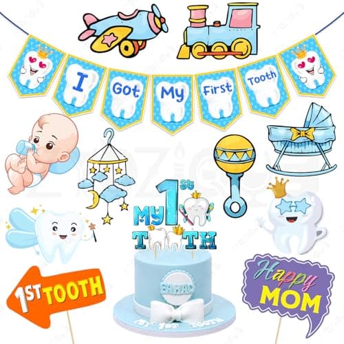 Zyozique® First Tooth Decorations Combo | Tooth Decoration Items for Baby | 1st Tooth Paper Banner, Photo Booth Props, Cake Topper & Cardstock Cutout | First Tooth Party Props (Pack Of 12)