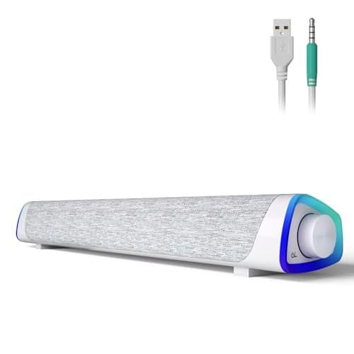 SOULION R30 Computer Speakers, USB Powered 3.5mm AUX Small PC Speakers, Colorful LED Lights with Switch Button, Surround Sound Portable Computer Sound Bar Speaker for Desktop Laptop White
