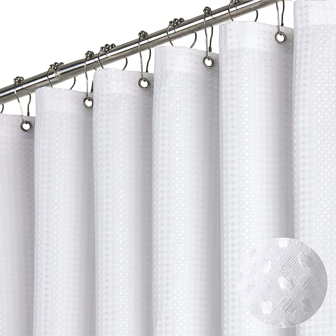 Dynamene Stall Fabric Shower Curtain Waffle Weave 36 Inches Small Half Size Heavy Duty Cloth Shower Curtains for Bathroom 256GSM Narrow Hotel Bath Curtain Set with 6 Plastic Hooks36Wx72H White