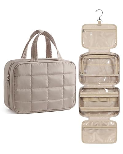 BAGSMART Travel Toiletry Bag for Womne Hanging Travel Bag for Toiletries Puffy Makeup Cosmetic Bag Organizer Carryon Travel Accessories Essentials Camel