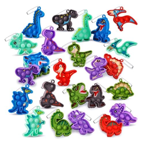 Kiss Monkey 24 Pack Dinosaur Party Favors for Kids 12 Styles Dinosaur Silicone Fidget Keychains Bulk Pop Sensory Fidget Toys Birthday Goodie Bag Fillers Classroom Prizes for Boys Girls