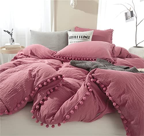 IHOUSTRIY Kid's Duvet Cover Twin Size,100% Washed Microfiber 2pcs Girl Bedding Duvet Cover Set, Pom Poms Fringe Solid Color Soft and Breathable with Zipper Closure & Corner Ties (Dusty Rose, Twin)
