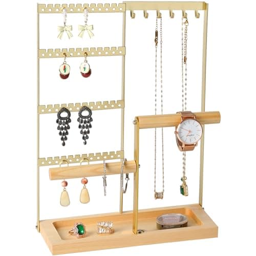 Jewelry Organizer Stand Jewelry Holder Lengnoy 4 Tier Earring Holder with 48 Holes and 6 Hooks Necklace Organizer Wood Box for Necklace Bracelet Earring Ring Gold