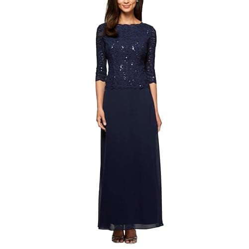 Alex Evenings Women's 3/4 Sleeve Stretch Lace Bodice One Piece Mother of The Bride Dress (Petite and Regular Sizes), Navy, 12