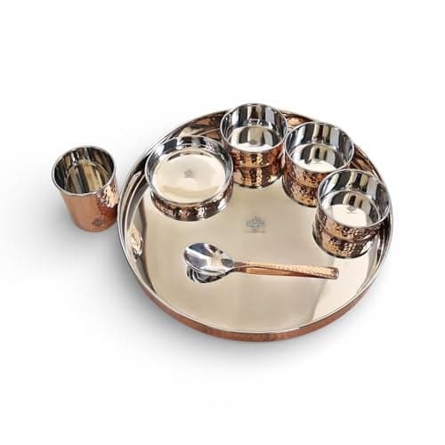 Indian Art Villa Steel Copper Hammered Design 7 Pieces Dinner Set/Thali Set of 1 Thali, 1 Glass, 1 Spoon, 1 Small Plate & 3 Bowls, Dinnerware, Tableware Or Crockery