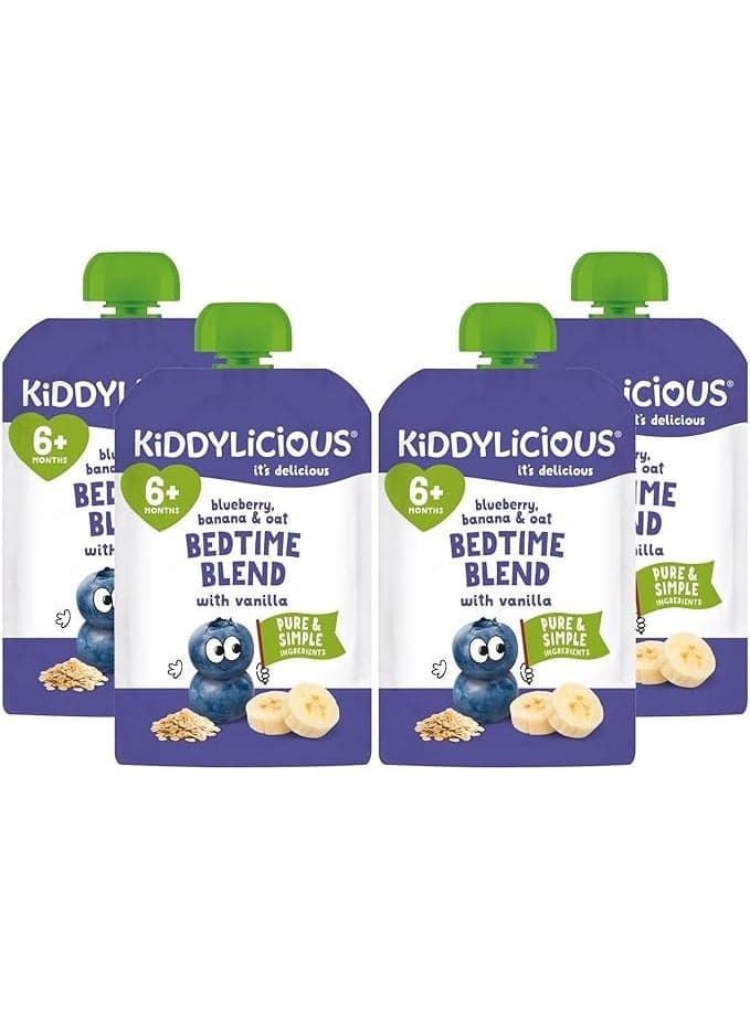 Kiddylicious Blueberry Banana & Oat Bedtime Blend Pouch 100g (Pack of 4) - Baby Food 6+ Months | Vegan & Vegetarian | No Added Milk, Egg, Nuts, Peanut, Sesame or Soya | Wholegrain Oats