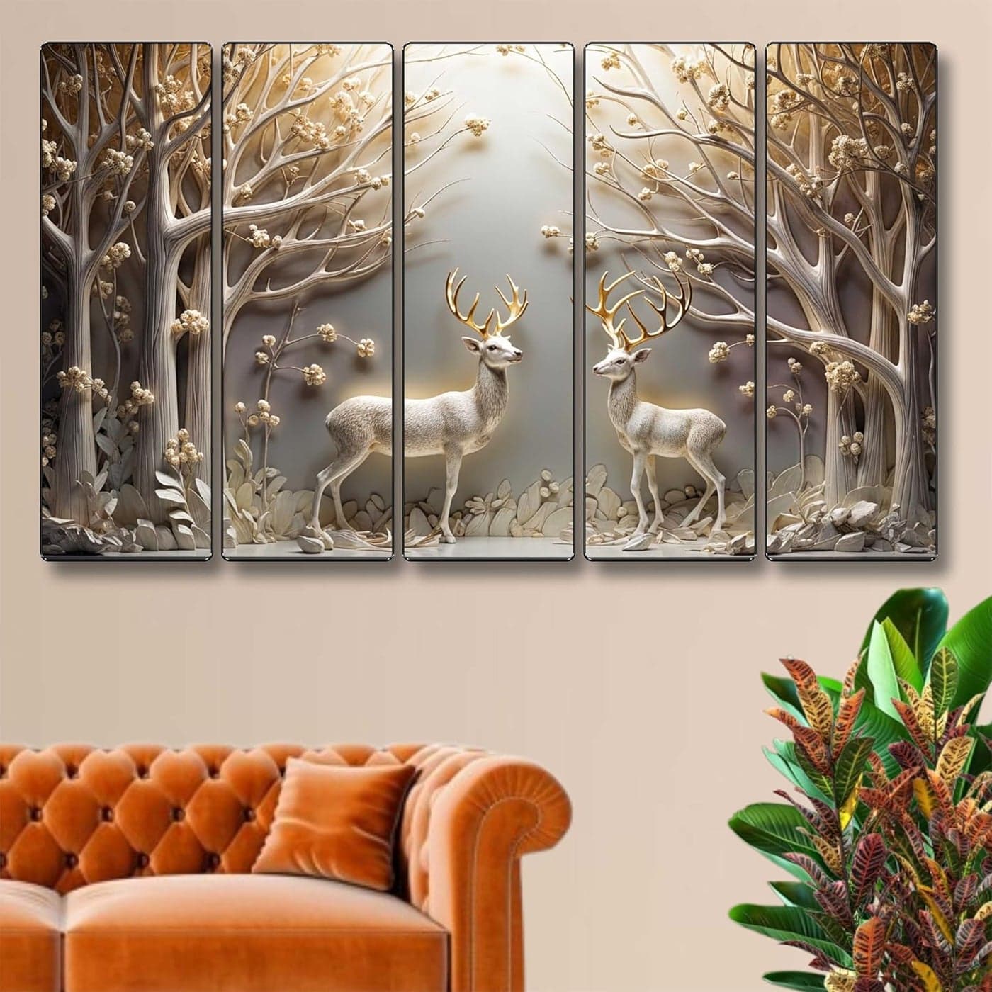 Livinluxe Set of 5 Couple deer with vastu money Tree Wall Painting for Living Room Bedroom Hotels Big Size stylish frame 60 inch x 30 inch Wall Art for Home Decoration Xl35370